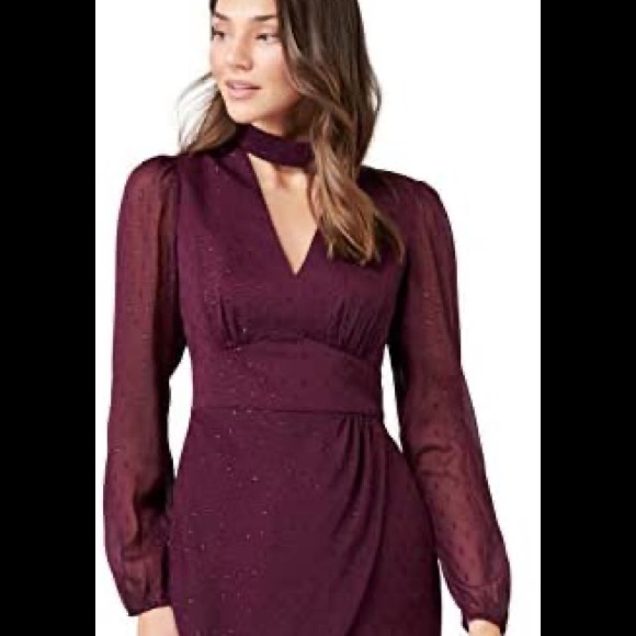 forever new wine colour Delilah metallic halo neck dress - Picture 3 of 9
